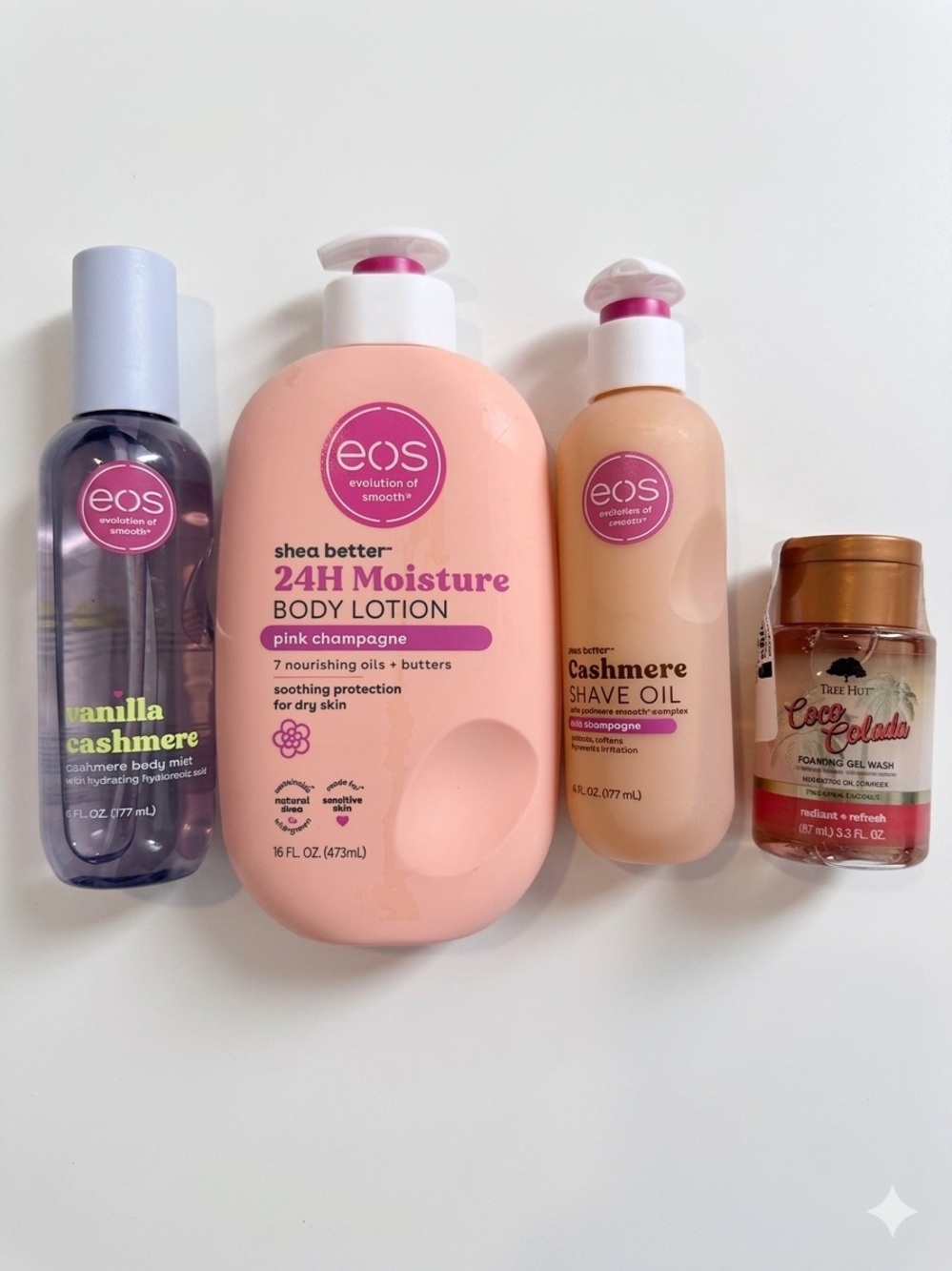 eos Body lotion & Cashmere body mist and Shave Oil+treehut gel wash
